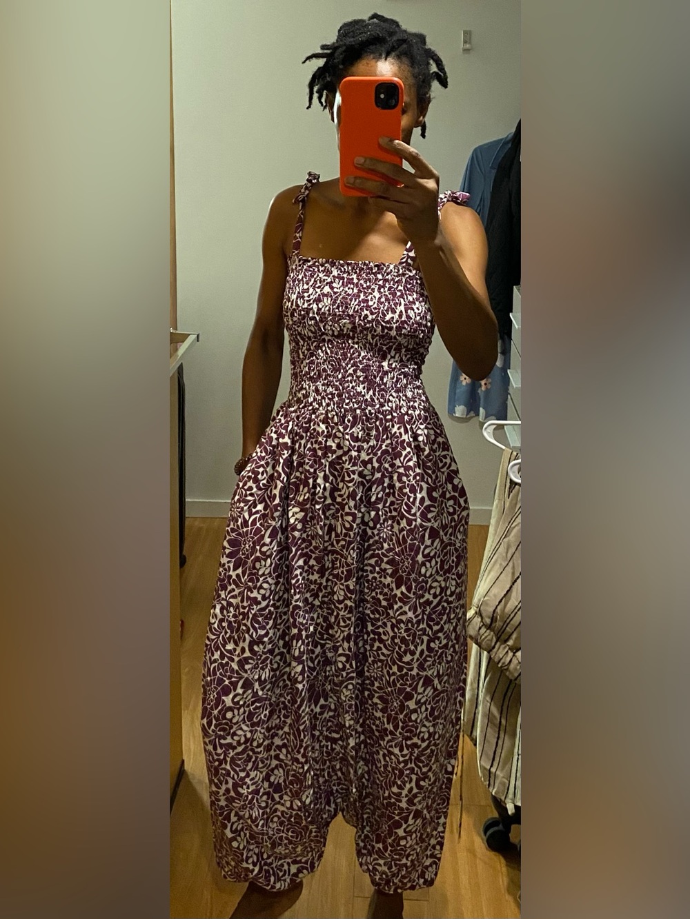 Smocked Bodice Floral Harem jumpsuit in Purple and White